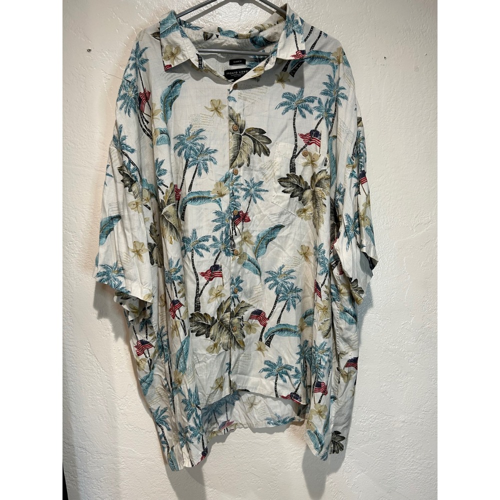 Pronto Uomo Mens 5X Tropical American Flag Palm Tree Rayon Hawaiian Shirt White